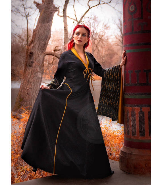 CZARNY SZTYLET - fantazyjna poranna sukienka kimono z czarnego żakardu i satyny bawełnianej